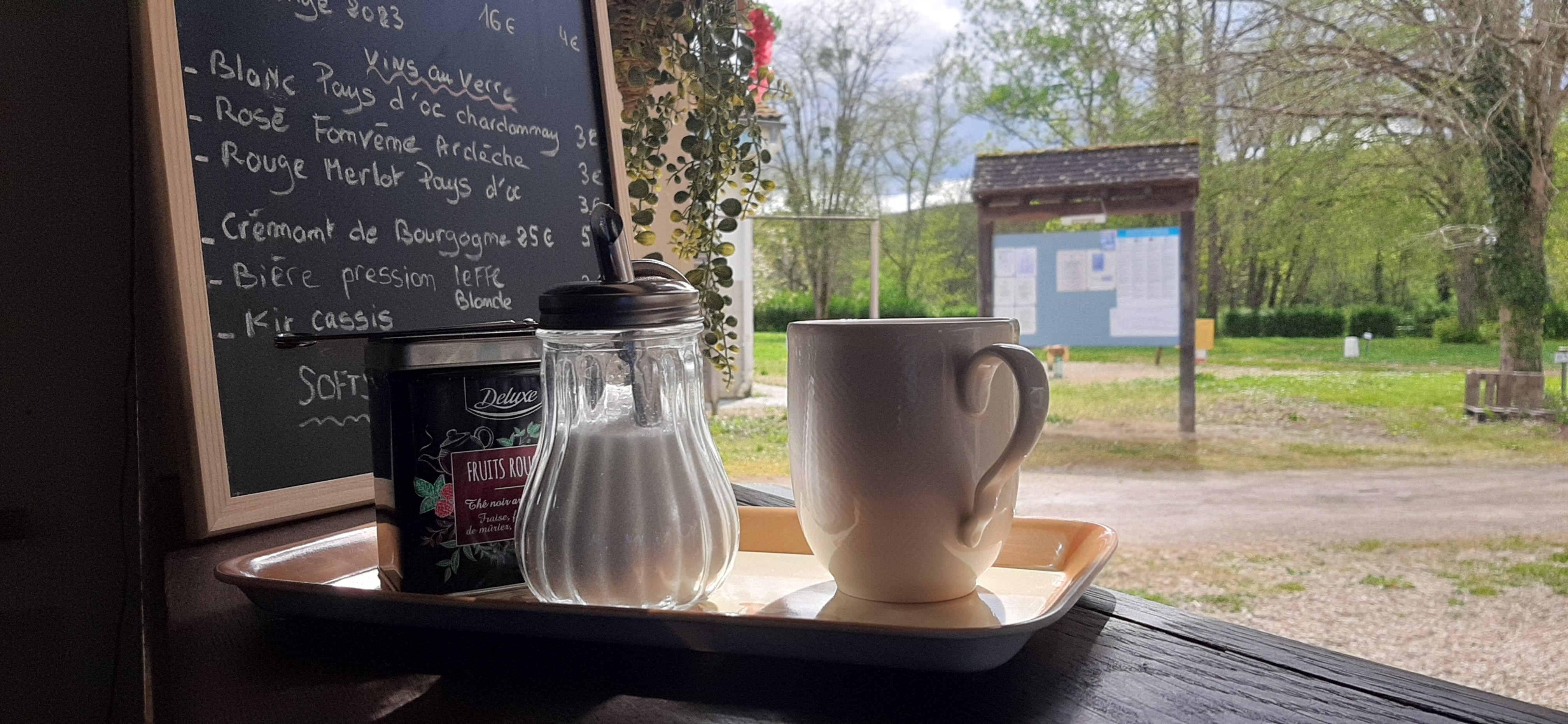 Photo d'un plateau contenant un mug une boite de thé aux fruits rouge, une boule inox pour filtrer le thé et un sucrier